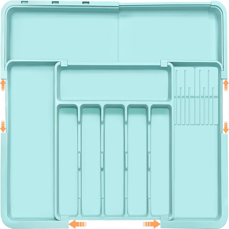 Homecor Silverware Organizer - Expandable Large Kitchen Drawer Organizer Utensil Organizer with 2 Knife Block Inserts, 22"x 19"Cutlery Tray with Drawer Dividers for Kitchen Flatware (Turquoise) - Image 1